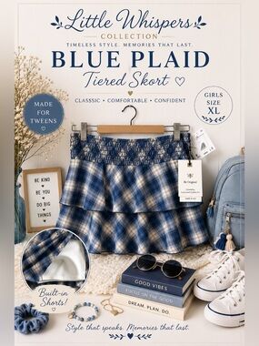 NWT Originality Blue Plaid Tiered Skort Girls XL Built-In Shorts